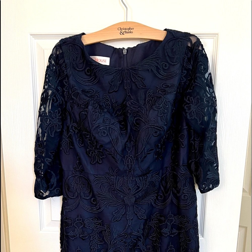 JJ’s House Custom Made NWOT Deep Navy Blue Embroidery Overlay dress sz 14